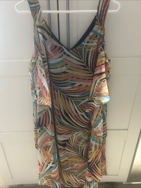 Robbie Bee Multicolor Tropical Leaf Print Dress - Navy Trim
